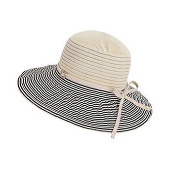Womens Wide Brim Straw Sun Hat with Contrast Stripe Brim Bow Detail Lightweight Beach Hat