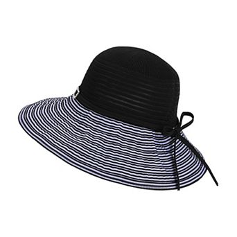 Womens Wide Brim Straw Sun Hat with Contrast Stripe Brim Bow Detail Lightweight Beach Hat
