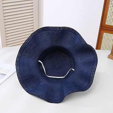 Wide Brim Straw Sun Hat Wavy Edge Shell Trim Beach Hat Adjustable Inner Band Packable Hat