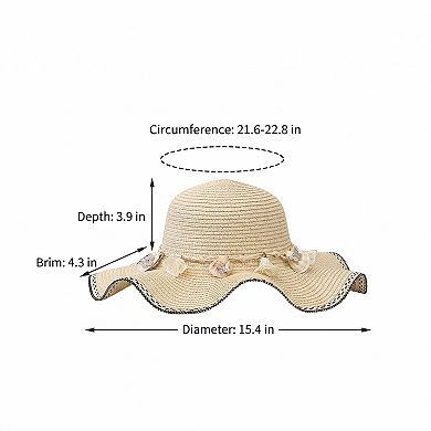 Wide Brim Straw Sun Hat Wavy Edge Shell Trim Beach Hat Adjustable Inner Band Packable Hat