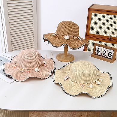 Wide Brim Straw Sun Hat Wavy Edge Shell Trim Beach Hat Adjustable Inner Band Packable Hat