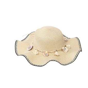 Wide Brim Straw Sun Hat Wavy Edge Shell Trim Beach Hat Adjustable Inner Band Packable Hat