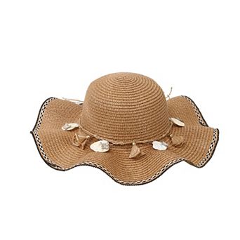 Wide Brim Straw Sun Hat Wavy Edge Shell Trim Beach Hat Adjustable Inner Band Packable Hat