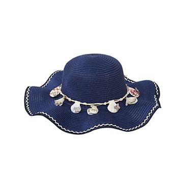 Wide Brim Straw Sun Hat Wavy Edge Shell Trim Beach Hat Adjustable Inner Band Packable Hat