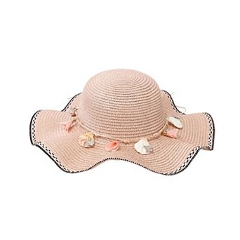 Wide Brim Straw Sun Hat Wavy Edge Shell Trim Beach Hat Adjustable Inner Band Packable Hat