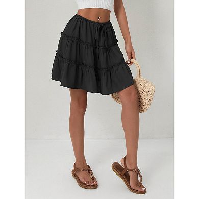Women's High Waist Ruffled Tiered Skirts Summer Drawstring Waist Mini Skirt