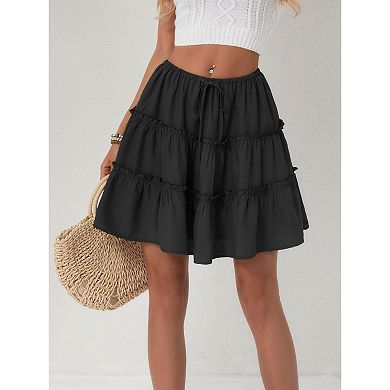 Women's High Waist Ruffled Tiered Skirts Summer Drawstring Waist Mini Skirt