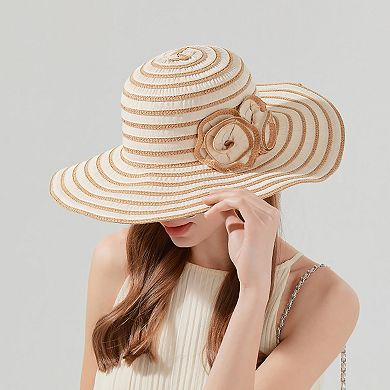 Womens Straw Sun Hat with Floral Accent Summer Beach Hat with Adjustable Chin Strap