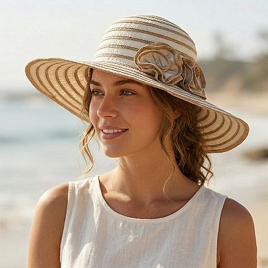 Womens Straw Sun Hat with Floral Accent Summer Beach Hat with Adjustable Chin Strap