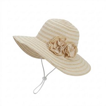 Womens Straw Sun Hat with Floral Accent Summer Beach Hat with Adjustable Chin Strap