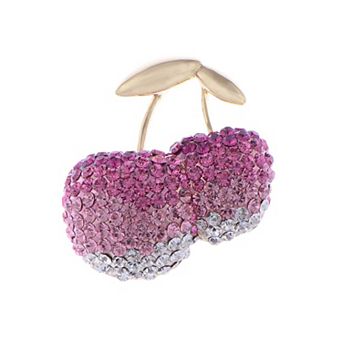 Women's Sparkly Rose Pink Clear Crystal Rhinestones Pretty Cherry Fruit Brooch Lapel Pin
