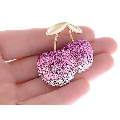 Women's Sparkly Rose Pink Clear Crystal Rhinestones Pretty Cherry Fruit Brooch Lapel Pin