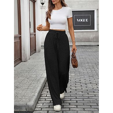 Women's Ribbed Wide Leg Lounge Pants - Casual Soft Drawstring Pajama Pants