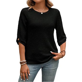 Women's Casual Mid-Sleeve Waffle Knit T-Shirt Button Detail Loose Fit Tee
