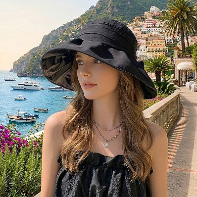 Womens Wide Brim Sun Hat with Bow Lightweight Breathable UV Protection Foldable Travel Beach Hat