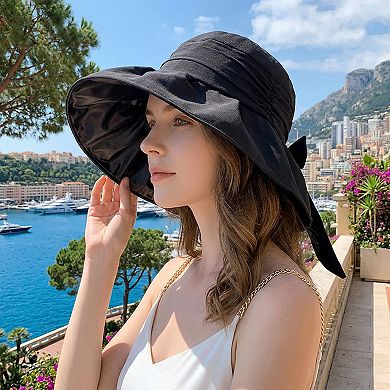 Womens Wide Brim Sun Hat with Bow Lightweight Breathable UV Protection Foldable Travel Beach Hat