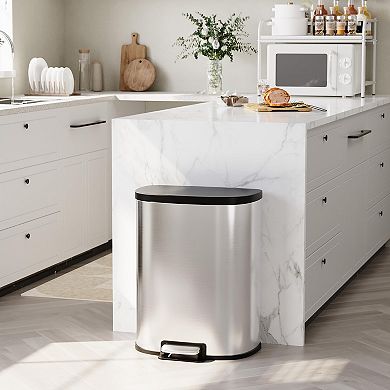 D Shape Kitchen Trash Can 50L/13.2 Gal,Smudge Resistant Step-On Garbage Can with Lid