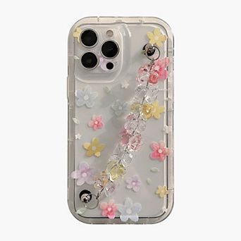 Clear Floral Phone Case with Beaded Wrist Strap Raised Flower Applique Design Protective Cover