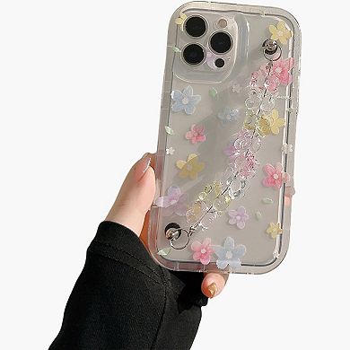 Clear Floral Phone Case with Beaded Wrist Strap Raised Flower Applique Design Protective Cover