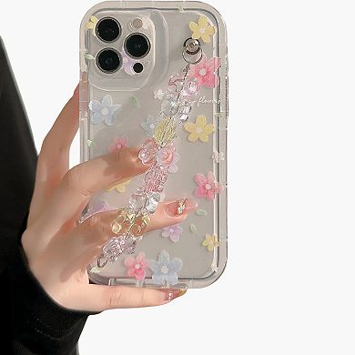 Clear Floral Phone Case with Beaded Wrist Strap Raised Flower Applique Design Protective Cover