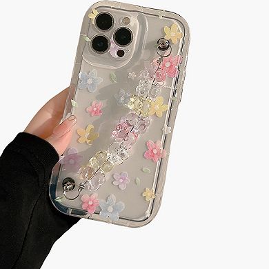 Clear Floral Phone Case with Beaded Wrist Strap Raised Flower Applique Design Protective Cover