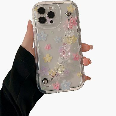 Clear Floral Phone Case with Beaded Wrist Strap Raised Flower Applique Design Protective Cover