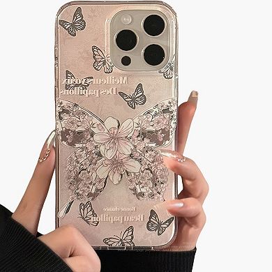Butterfly Floral Phone Case with Beaded Wrist Strap Vintage Style Pattern Protective Cover