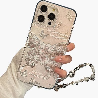 Butterfly Floral Phone Case with Beaded Wrist Strap Vintage Style Pattern Protective Cover