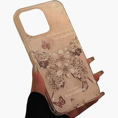 Butterfly Floral Phone Case with Beaded Wrist Strap Vintage Style Pattern Protective Cover