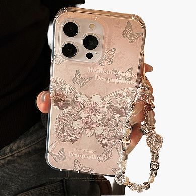 Butterfly Floral Phone Case with Beaded Wrist Strap Vintage Style Pattern Protective Cover