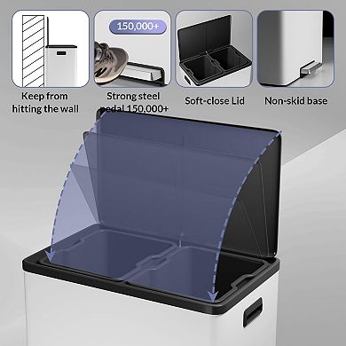 60L 16 Gallon Step Dual Trash Can with Lid, Large Stainless Steel Double Recycling Bin