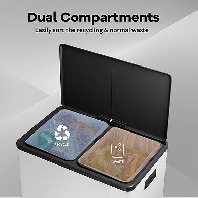 60L 16 Gallon Step Dual Trash Can with Lid, Large Stainless Steel Double Recycling Bin
