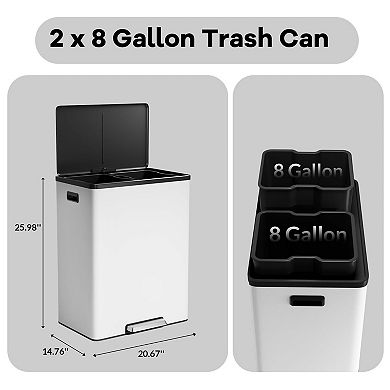60L 16 Gallon Step Dual Trash Can with Lid, Large Stainless Steel Double Recycling Bin
