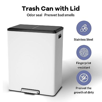 60L 16 Gallon Step Dual Trash Can with Lid, Large Stainless Steel Double Recycling Bin