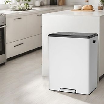 60L 16 Gallon Step Dual Trash Can with Lid, Large Stainless Steel Double Recycling Bin