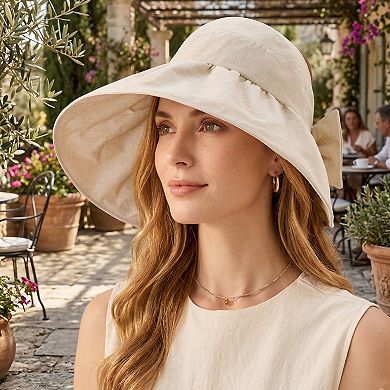 Womens Wide Brim Sun Hat with Bow Detail Breathable Foldable Summer Beach Travel Hat