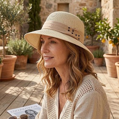 Womens Straw Sun Hat with Pearl Accent Band Lightweight Summer Beach Travel Hat