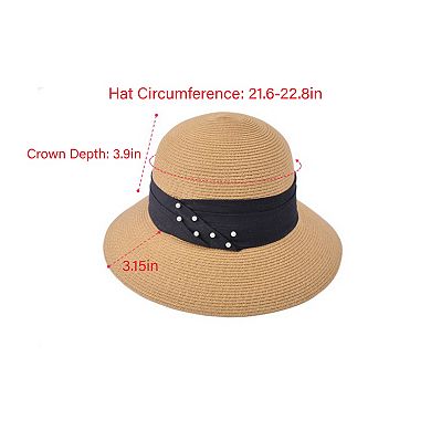Womens Straw Sun Hat with Pearl Accent Band Lightweight Summer Beach Travel Hat