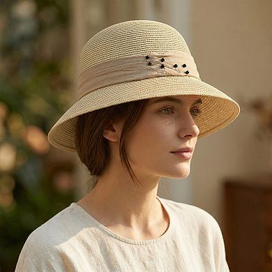 Womens Straw Sun Hat with Pearl Accent Band Lightweight Summer Beach Travel Hat