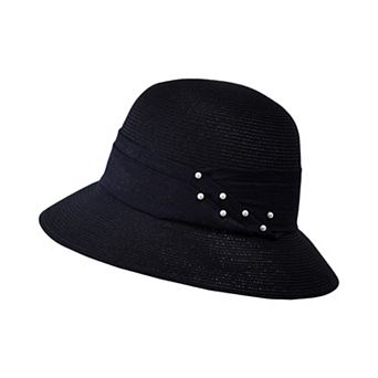 Womens Straw Sun Hat with Pearl Accent Band Lightweight Summer Beach Travel Hat