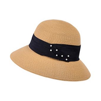 Womens Straw Sun Hat with Pearl Accent Band Lightweight Summer Beach Travel Hat