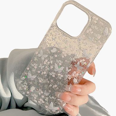 Butterfly Floral Phone Case with Glitter Detail Clear Pattern Lightweight Protective Cover