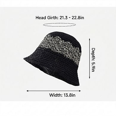 Straw Bucket Hat Woven Knit Breathable Sun Hat Adjustable Summer Hat