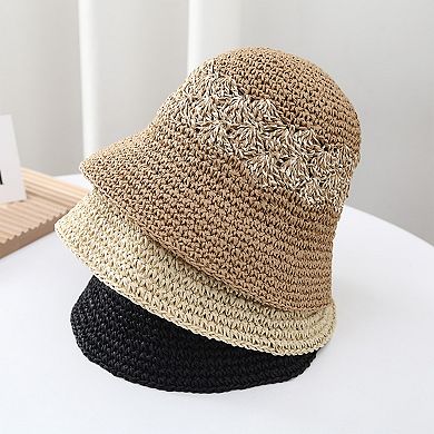 Straw Bucket Hat Woven Knit Breathable Sun Hat Adjustable Summer Hat