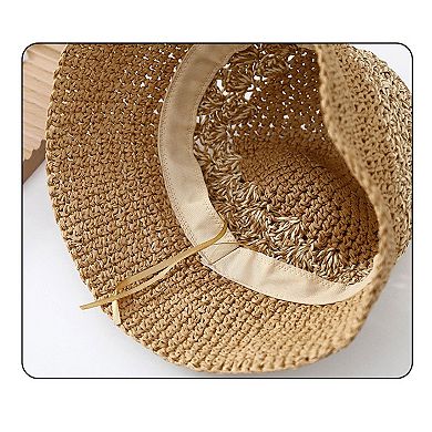 Straw Bucket Hat Woven Knit Breathable Sun Hat Adjustable Summer Hat