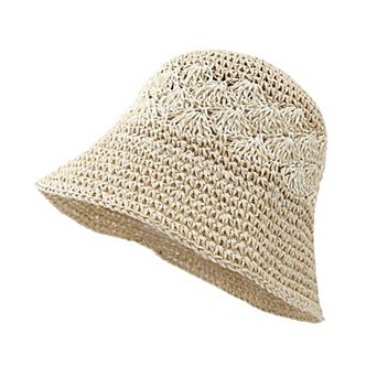 Straw Bucket Hat Woven Knit Breathable Sun Hat Adjustable Summer Hat