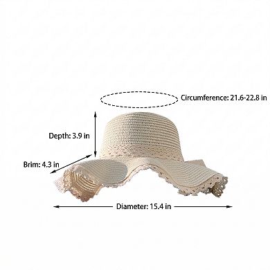 Wide Brim Straw Sun Hat Lace Trim Bow Adjustable Chin Strap Breathable Packable Summer Beach Hat