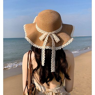 Wide Brim Straw Sun Hat Lace Trim Bow Adjustable Chin Strap Breathable Packable Summer Beach Hat
