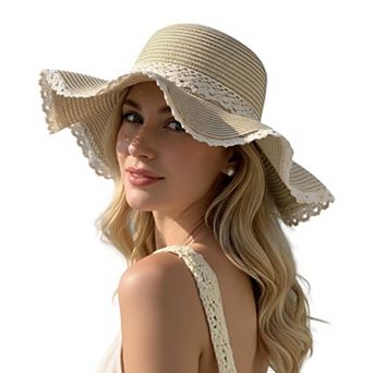 Wide Brim Straw Sun Hat Lace Trim Bow Adjustable Chin Strap Breathable Packable Summer Beach Hat