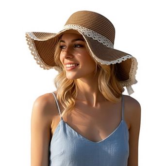 Wide Brim Straw Sun Hat Lace Trim Bow Adjustable Chin Strap Breathable Packable Summer Beach Hat